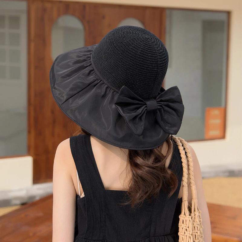 WTEMPO Fashion Foldable Soft Bow Bucket Sun Hats Women's Wide Brim Retro Simple Elegant Versatile Hollow-out Hats