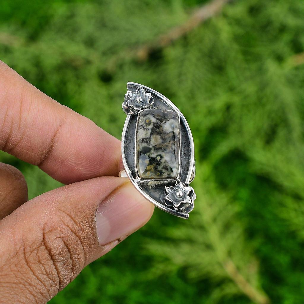 Natural Ocean Jasper 925 Silver Multi Stone Flower Adjustable Ring For Girls