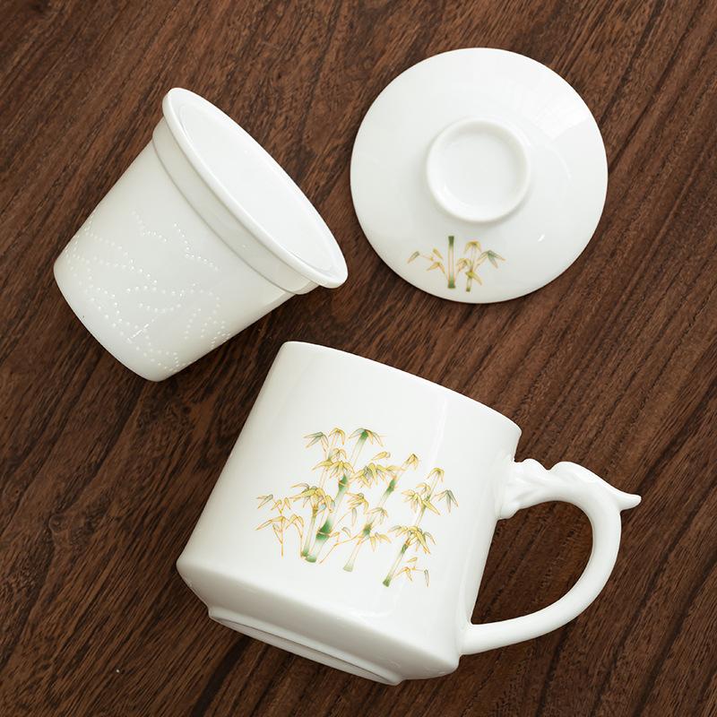 Dehua white porcelain teacup ceramic tea separation office tea mug with lid high-end personal cup