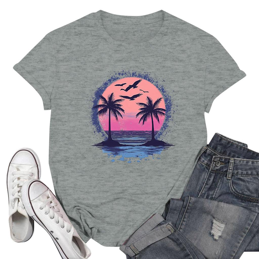 Women's Fashion Casual Printed Short Sleeve Round Neck Pullover Tops