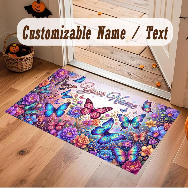 Butterfly Theme Crystal Velvet Floor Rug Personalized Custom Name Text Warm Carpet Home Decoration