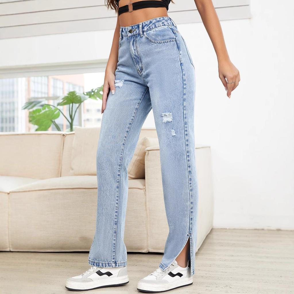Women's Pant Casual Straight High Waist Thin Jeans Trousers