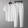 Комплект из 2 предметов: мужской топ и брюки, отложной воротник, эластичный пояс, плиссированная рубашка, брюки, комплект, короткий рукав, завязывающийся шнурок, длинные брюки