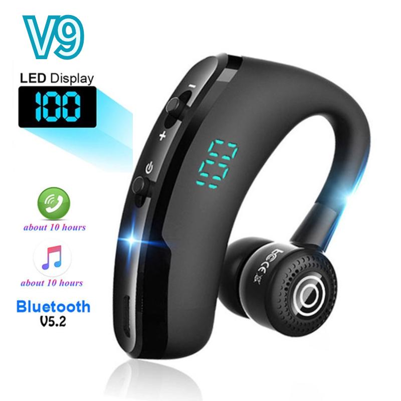 V9 Bluetooth 5.2 Гарнитура Беспроводные деловые наушники с цифровым дисплеем Наушники-крючки с одним ухом Hi-Fi Стерео Спортивные наушники-вкладыши с микрофоном