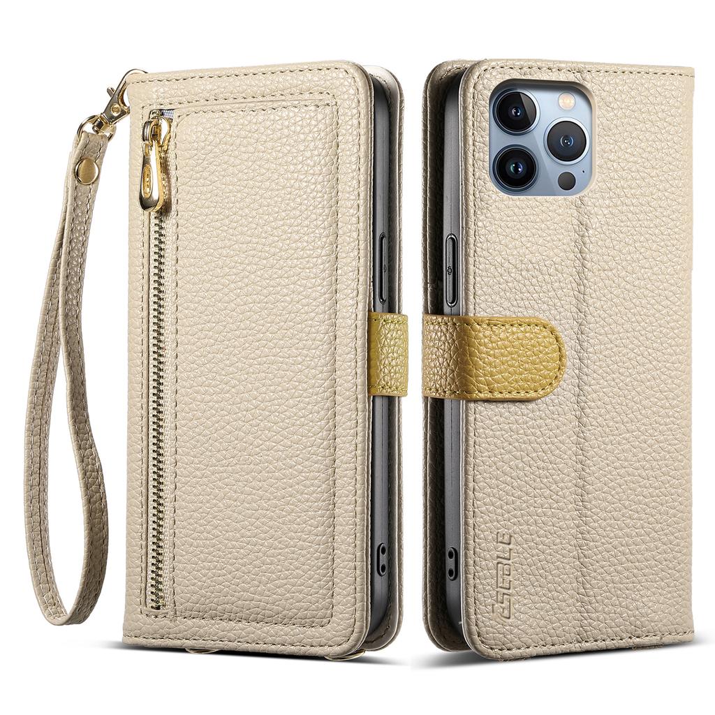 ESEBLE E11 For iPhone 14 Pro Max Case Zipper Pocket Litchi Texture Leather Phone Cover with Mirror and Wrist Strap