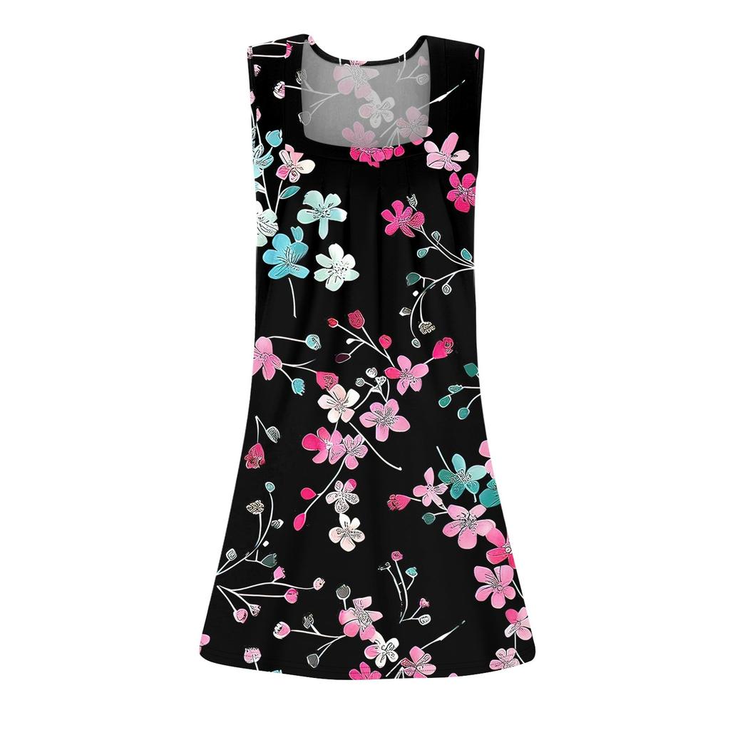 Женское модное повседневное платье без рукавов с квадратным вырезом, плиссированное платье-майка, пляжные платья с принтом
