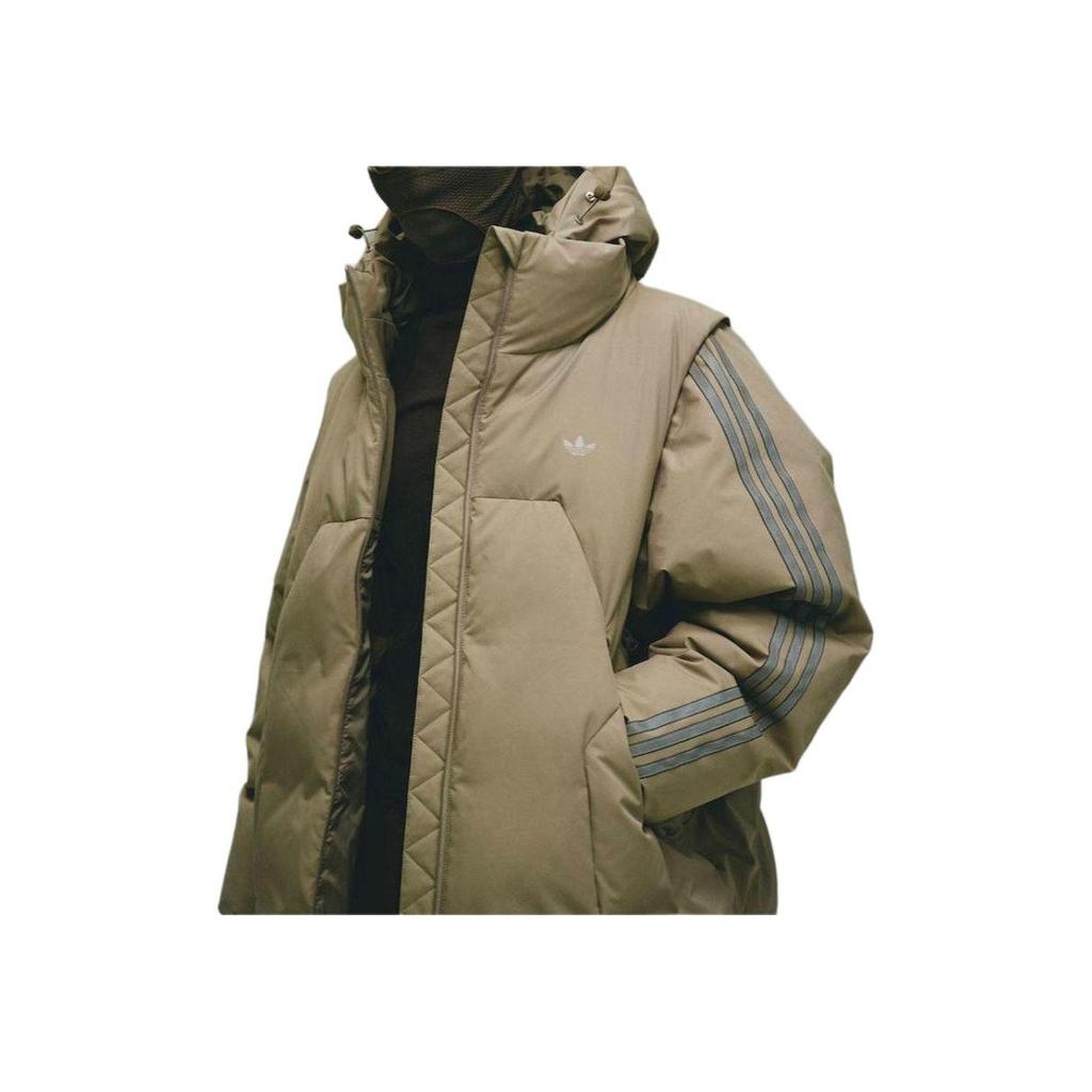 Adidas Originals X Hamcus FW23 Однотонный пуховик на молнии с капюшоном и тремя полосками с логотипом, верхняя одежда унисекс цвета хаки IY5050