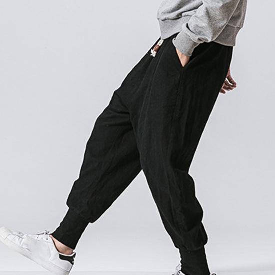 Хлопковые и льняные эластичные большие мужские повседневные брюки в китайском стиле