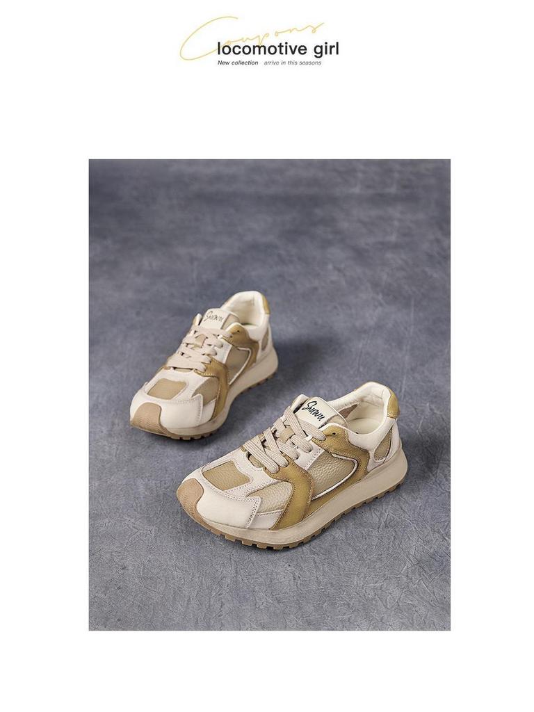 Shu Wu Autumn/Winter Women’s Genuine Leather Color Block Lace-Up Flat Shoes with Fleece Lining