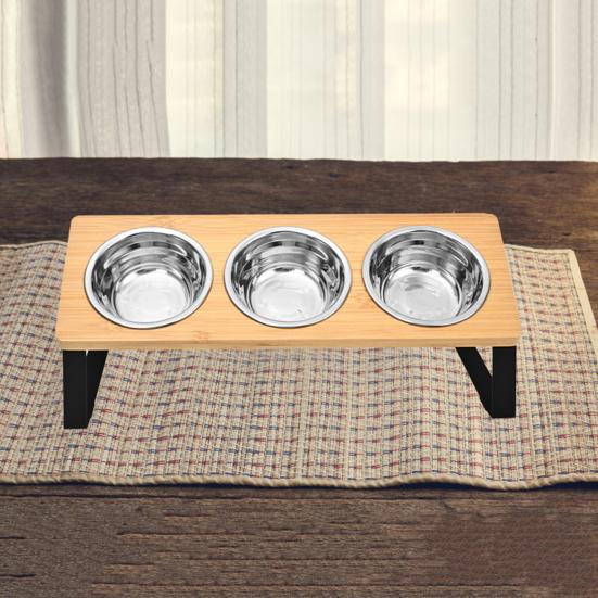 Деревянная подставка для кормушки с 3 мисками из нержавеющей стали, нескользящая маленькая и средняя миска для кошек и собак, наклоненная с поднятой водой, миска для кормления, товары для домашних животных