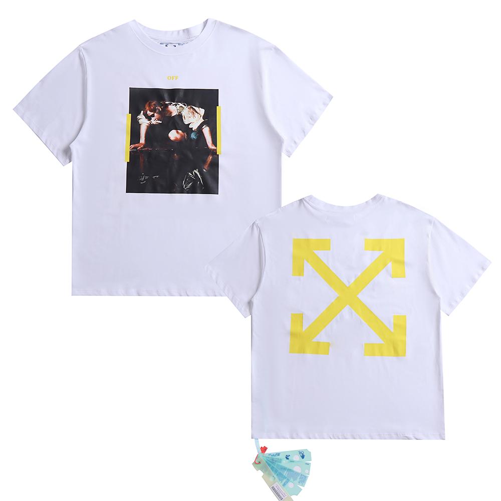 Off-White Летняя новинка 2025 года, картина маслом спереди, принт желтой стрелы сзади, футболка с короткими рукавами для мужчин и женщин, парная футболка