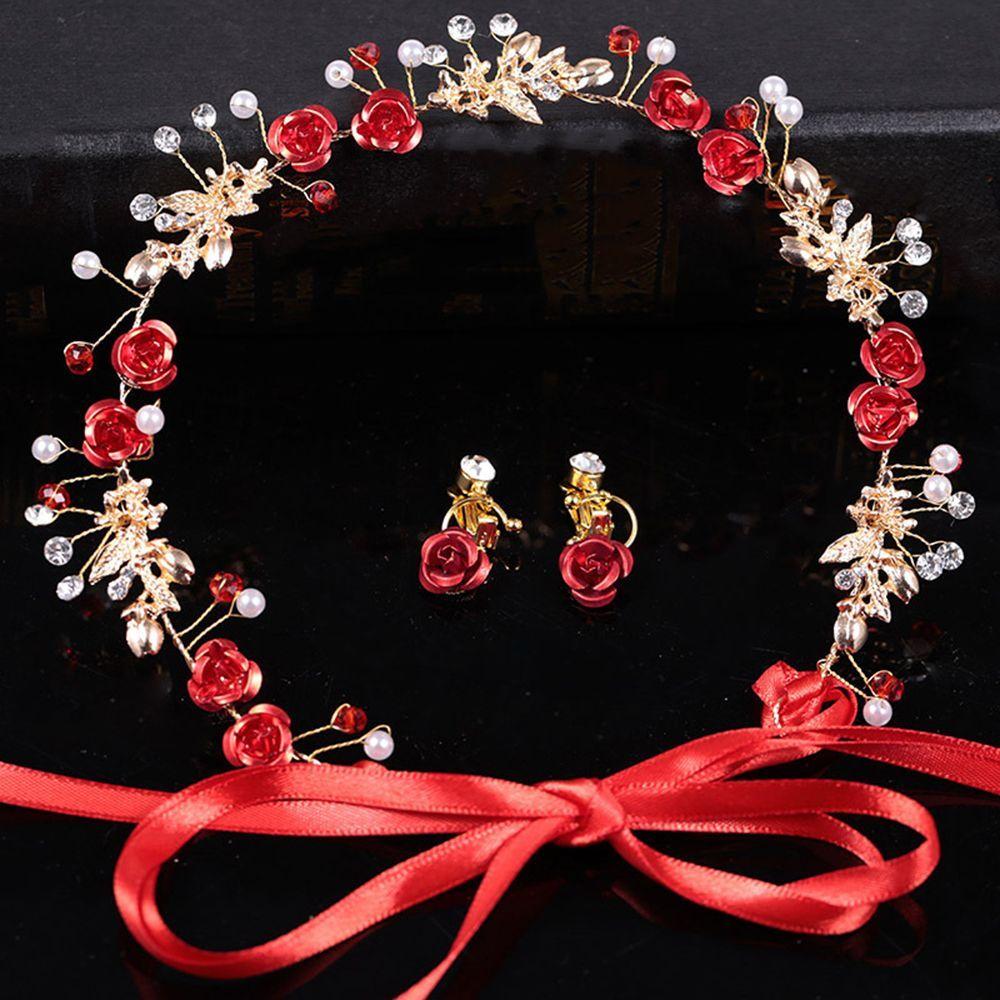 Headdress Tiaras Crown With Ribbon Bridesmaid Headband Pearl Bride Hairband Earring Set Crystal Red