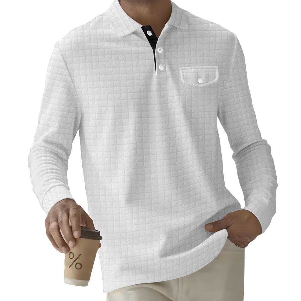Мужской однотонный клетчатый топ с лацканами на пуговицах, карманом и длинными рукавами, мужской повседневный модный топ с длинными рукавами