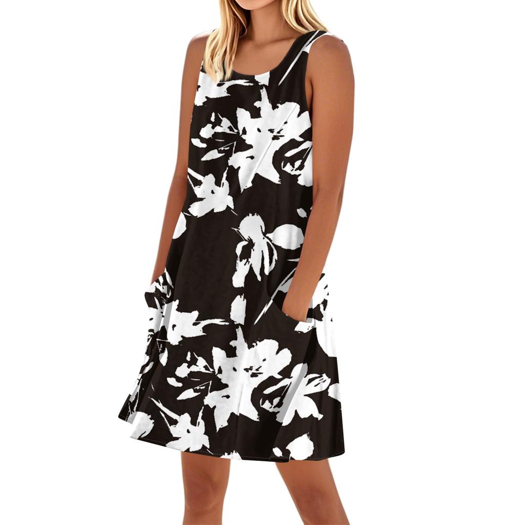 Женское повседневное и модное платье средней длины с круглым вырезом и без рукавов с принтом