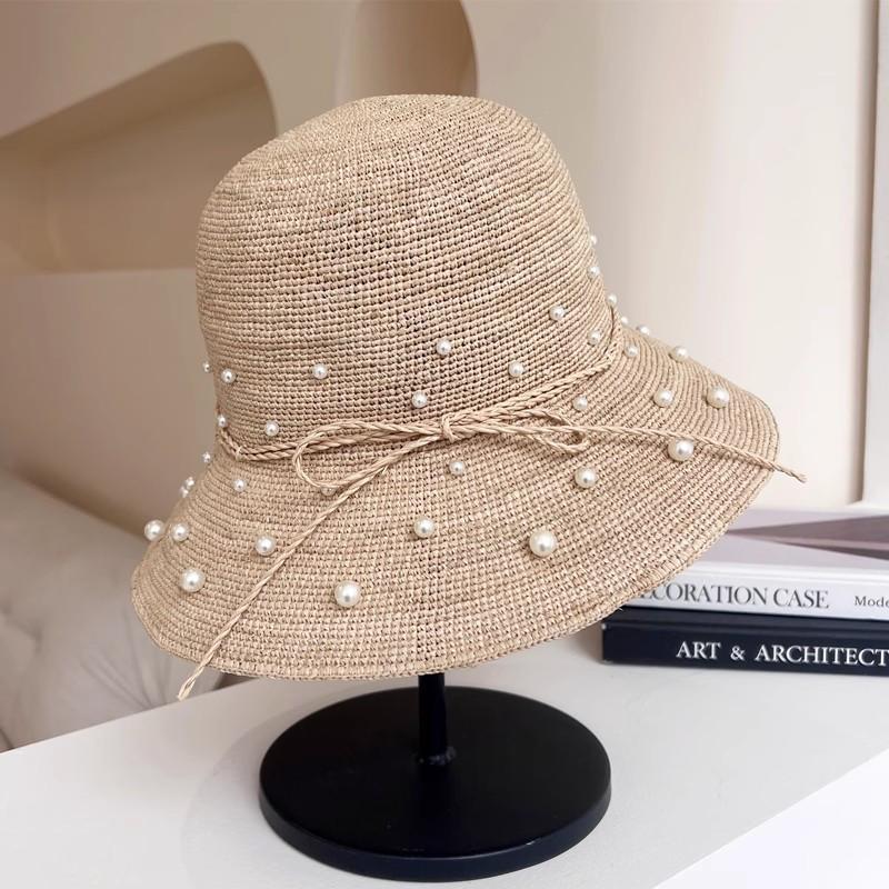 202605-DS шикарная летняя женская шляпа-ведро из рафии с пайетками, стразами, жемчугом для отпуска