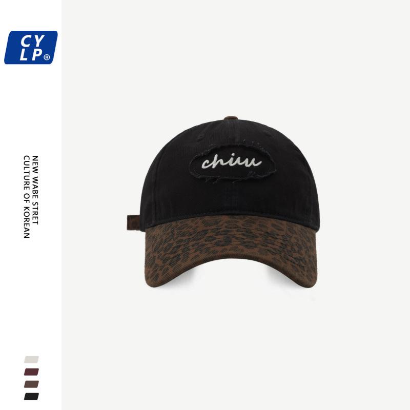 Fashionable leopard print baseball cap with patchwork brim, unisex, summer Korean version, trendy brand letter embroidery, makes the face look