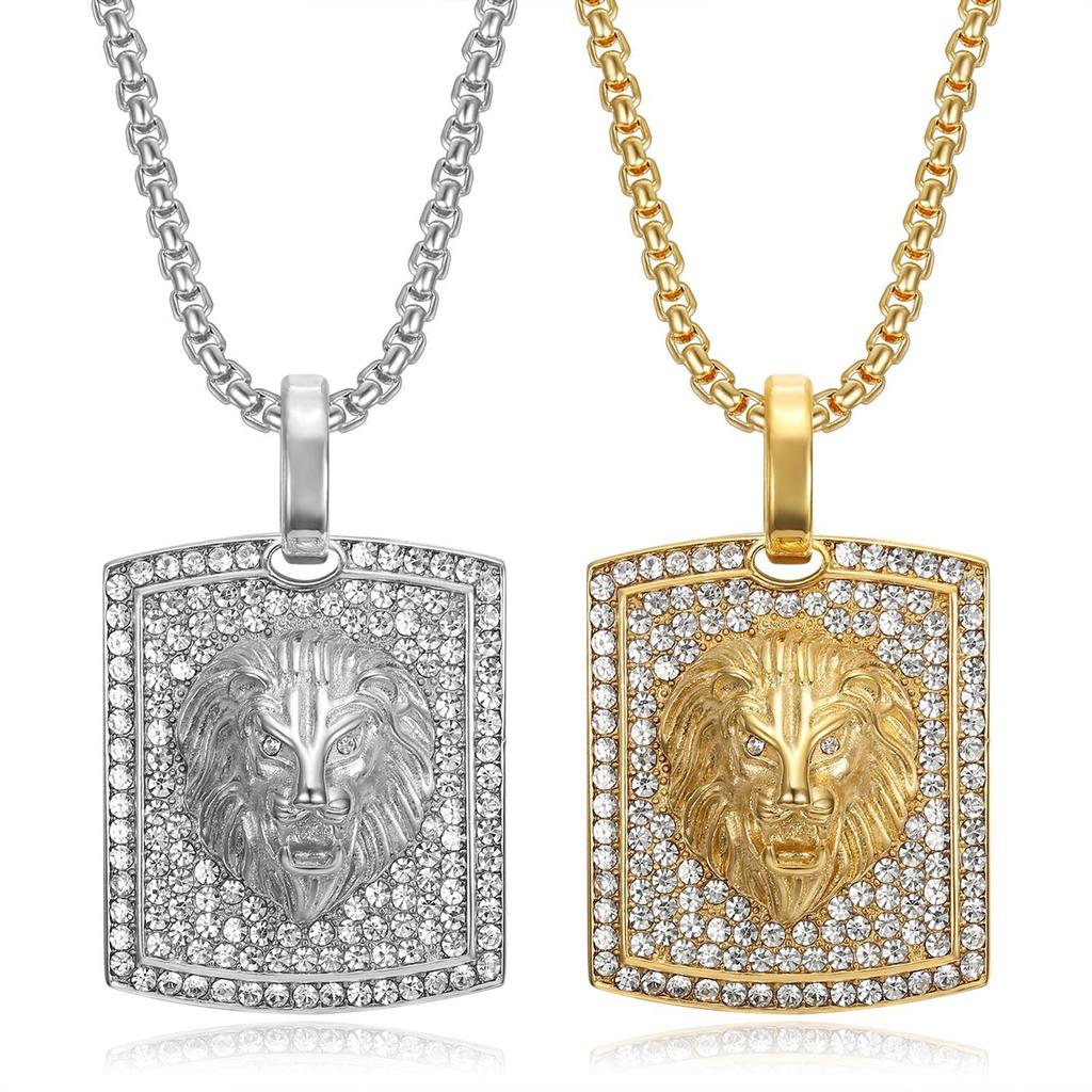 Hot New Hip Hop Jewelry Titanium Steel Gold Plated Diamond Inlaid Animal Lion Head Pendant Necklace