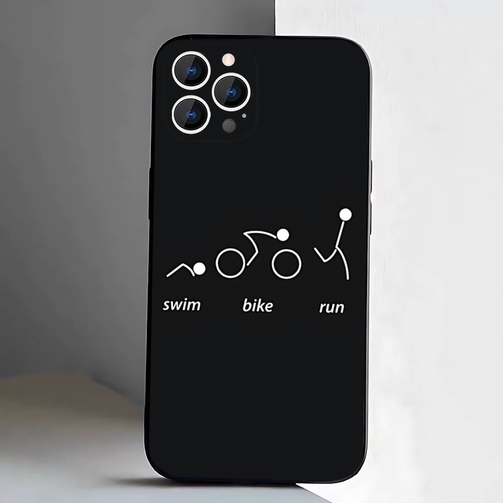Чехол для iPhone 17,16,15,14,13,12,11 Air,Plus,Pro Max,XS,X,XR,SE,Mini,8,7 с принтом Триатлон Плавание велосипед бег, Мягкий силиконовый черный чехол