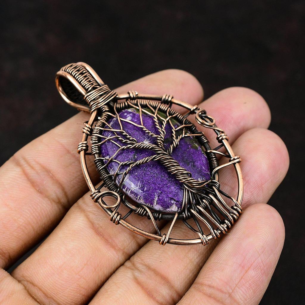 Подвеска из пурпурита «Дерево жизни» с драгоценным камнем, медной проволокой, подвеска ручной работы, проволочная обертка, ювелирное украшение в подарок для нее, изящные пурпуритовые украшения