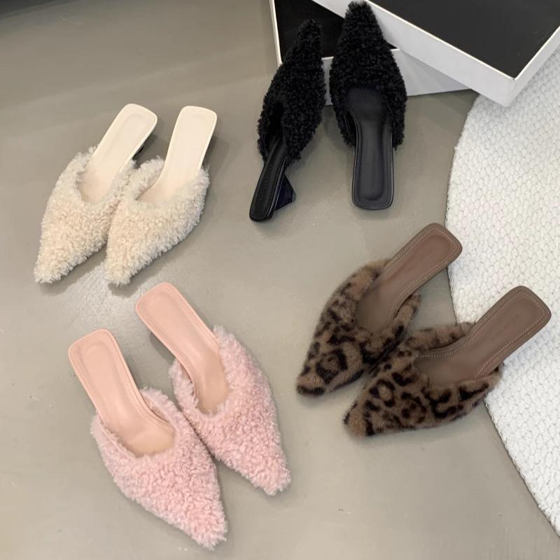 New Slippers Women's Fashion Temperament Beautiful Color Fluffy Half Slippers Women's Stiletto High Heel Bag Drag High Heels Winter
