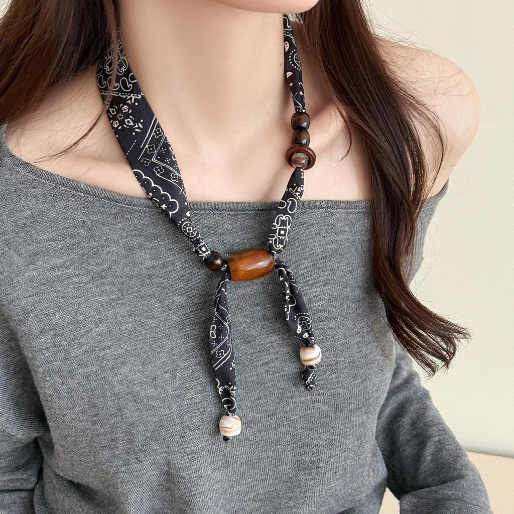 Шелковый шарф-ожерелье с леопардовым принтом и бусинами, с узором "кешью" и деревянными бусинами, в ретро-стиле, длинная выдвижная цепочка для свитера.