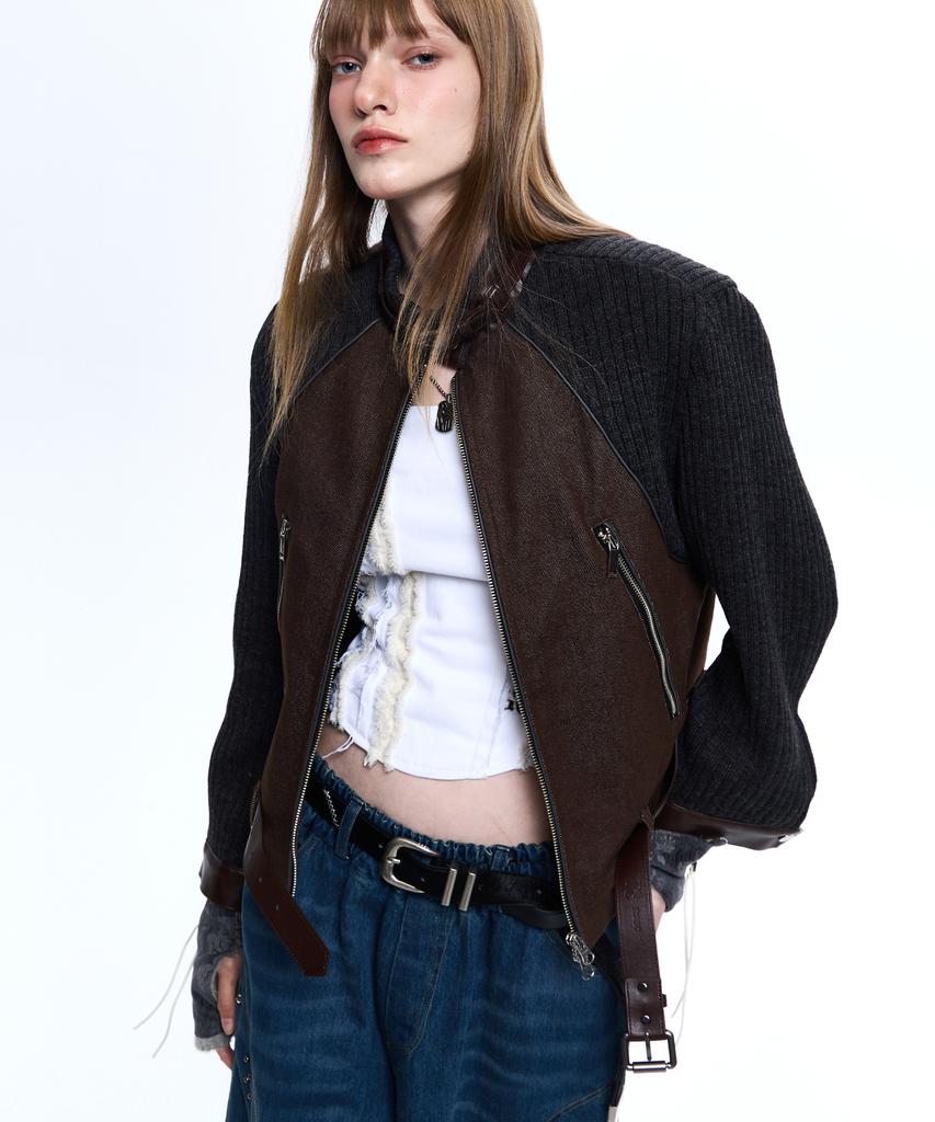 Rssc Knit & Denim Belted Biker Jacket - Brown
