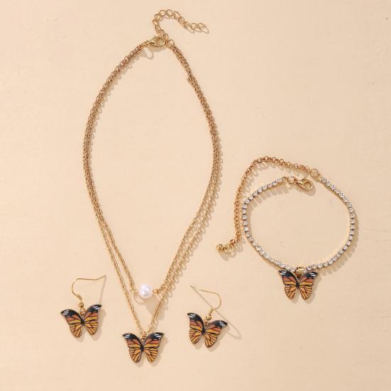 1 Set Dual Layers Butterflies Necklace Elegant Earrings Rhinestone Inlay Bracelet Jewelry Kit Accessories