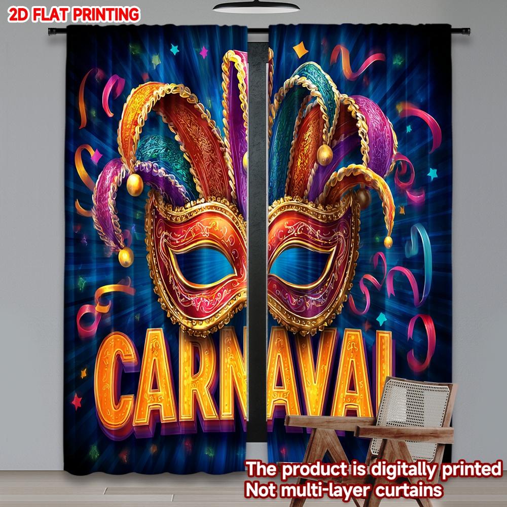 2D flat printing 2pcs Curtain Drapes Carnival Mask with Confetti Digital Printed Polyester Drapes Holiday Decorations for Booths