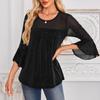 Women's Solid Color Seven Quarter Sleeved Shirt With Pleated Flared Sleeves And Round Neck Mesh Top
