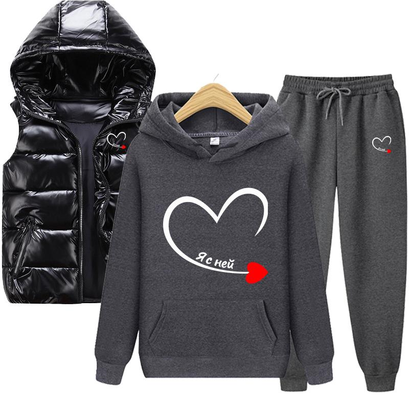 Горячая весна и осень, однотонная толстовка с принтом, комплект из 3 предметов: толстовка для пары + жилет + брюки, спортивная одежда