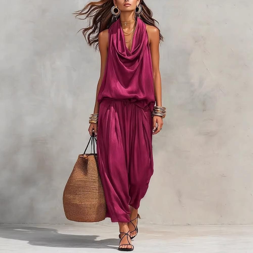 Elegant Polyester Sleeveless Shirt And Long Pants Set For Women In Spring Casual Wear