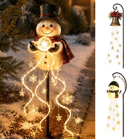 Waterproof LED Lawn Ornaments Solar Snowman Garden Stake Light, Flowing Waterfall Fairy Light with Automatic Dusk to Dawn Lamps Star Snowflake,