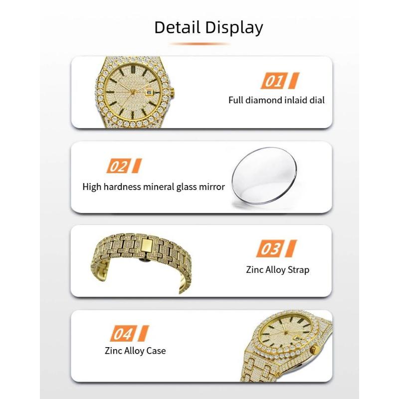Men's Iced Out Watch 42mm Analog Quartz Watches with Rhinestone Inlay Zinc Alloy Bracelet Hip Hop Bling Luxury Wristwatch with Date Display