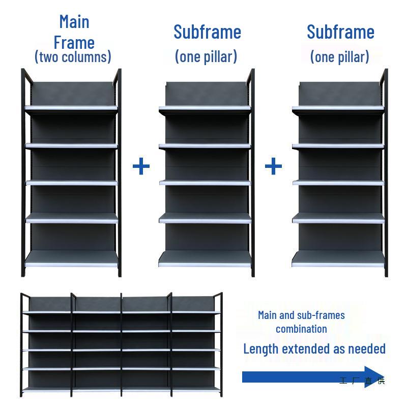 Four-Post Gray Display Rack for Convenience, Stationery, and Mother & Baby Stores, Multi-Layer Single/Double-Sided Snack Shelving.
