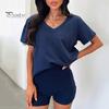 2 шт./комплект женский футболка шорты комплект костюм V-образный вырез короткий рукав однотонный свободный топ высокая талия мини шорты спортивный наряд повседневный спортивный костюм