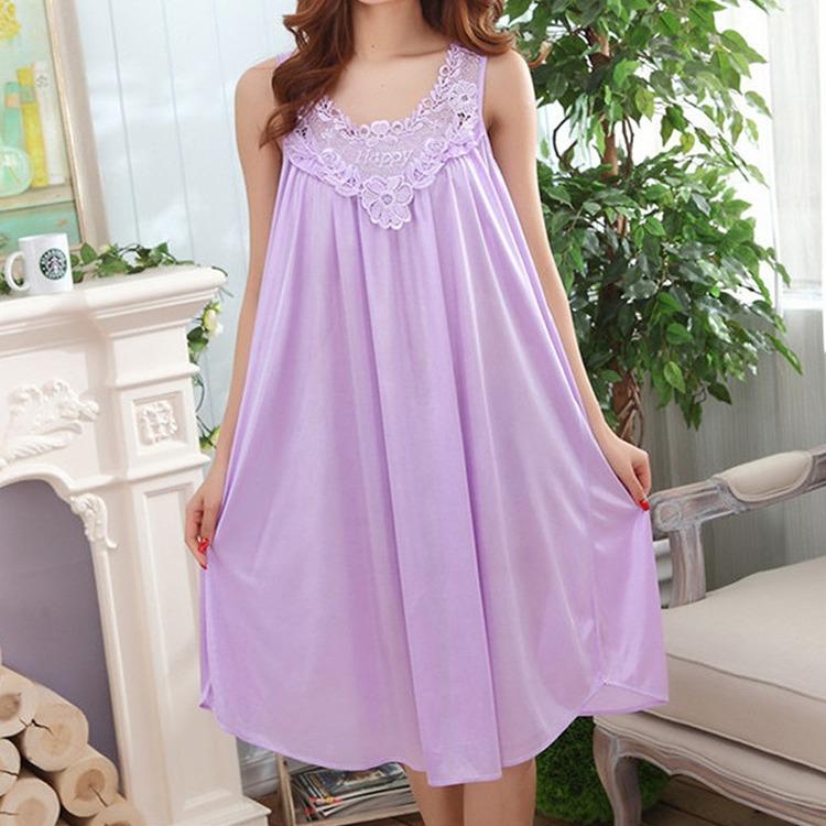 Ladies Pure Color Sexy Ice Silk Satin Nightgowns Baggy Casual Sleeveless Sleepwear Long Dress