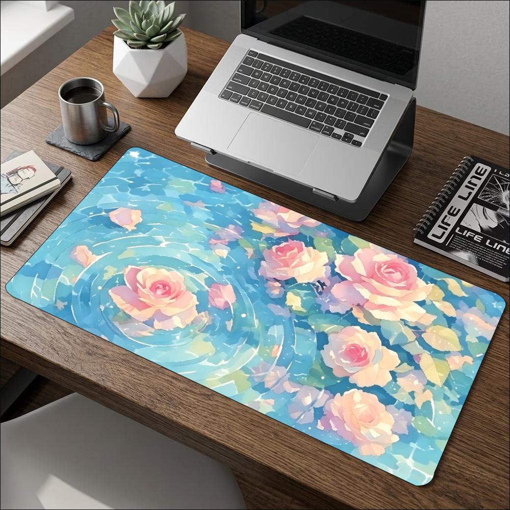 Watercolor Pink Rose Floral Art Pattern Large Gaming Mouse Pad Non Slip Rubber Desk Mat For Laptop Keyboard Home Office Desktop