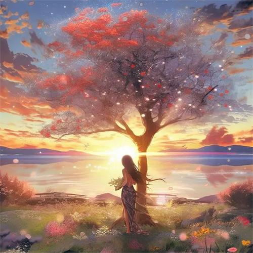 5D Diy Алмазная картина Дерево Девушка Вышивка Мозаика Закат Пейзаж Полный Квадрат Круглый Домашний Декор