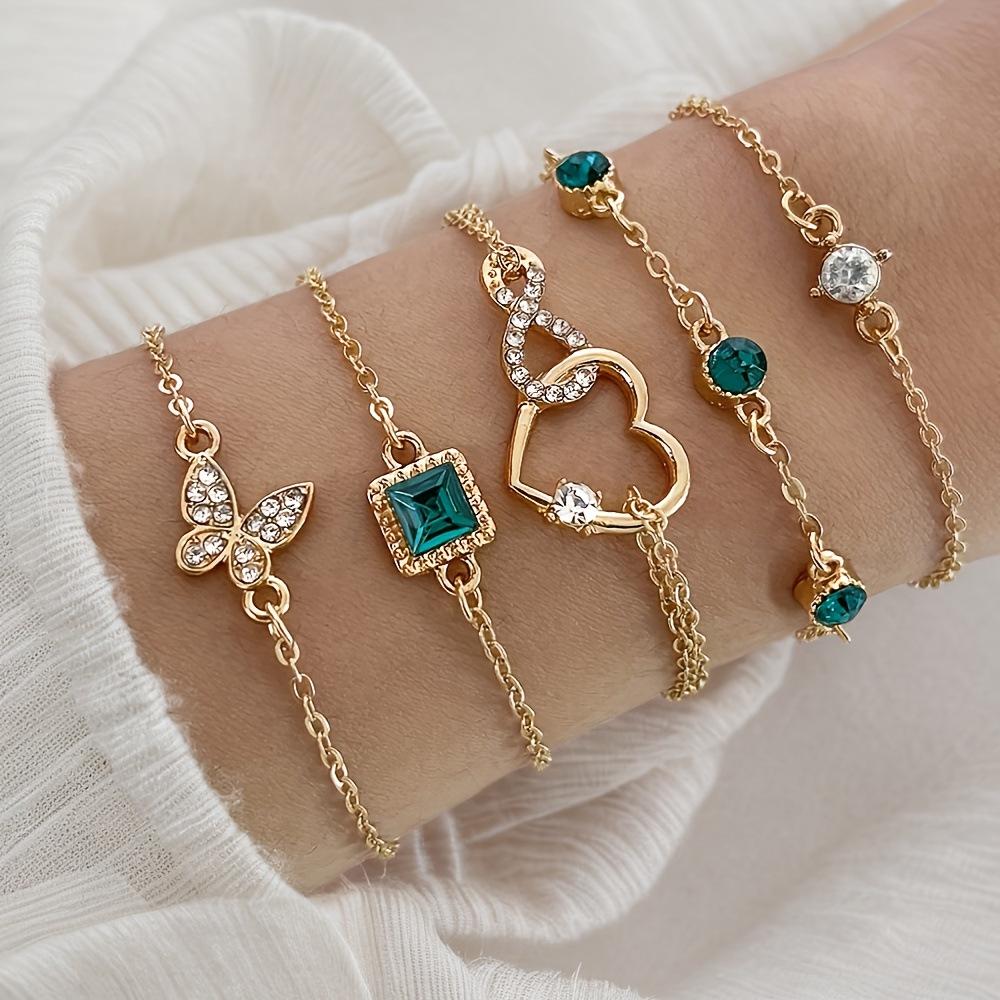 Retro Green European & American Bracelet Set: Square Diamond, Butterfly & Love Designs (5 Pieces)