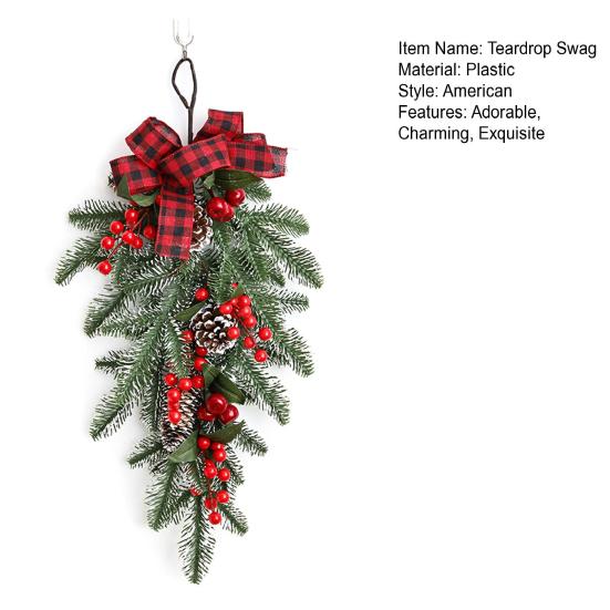 Рождественский каплевидный венок-сваг Искусственная сосновая ветвь Каплевидный сваг с сосновой шишкой, красной ягодой и клетчатым бантом для зимнего декора входной двери, стены, лестницы