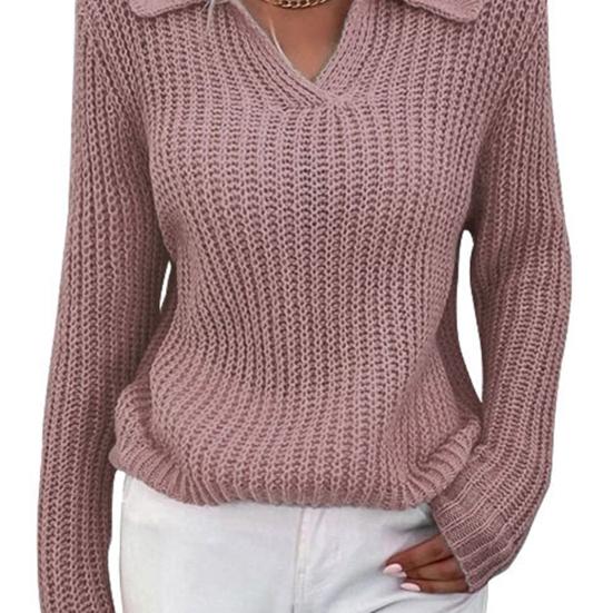 V Neck Turn-Down Collar Long Sleeve Knitted Sweater Autumn Winter Solid Color Slim Sweater Jumper Female Clothing
