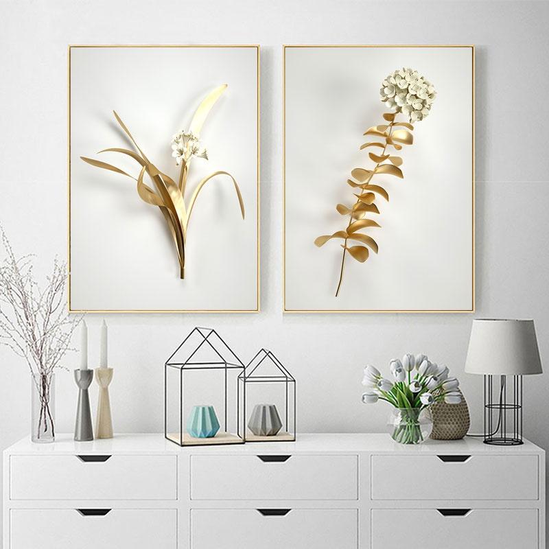 Золотой цветок, абстрактный растительный настенный плакат, скандинавская печать на холсте, картина, современное популярное искусство, украшение, картина, декор для гостиной
