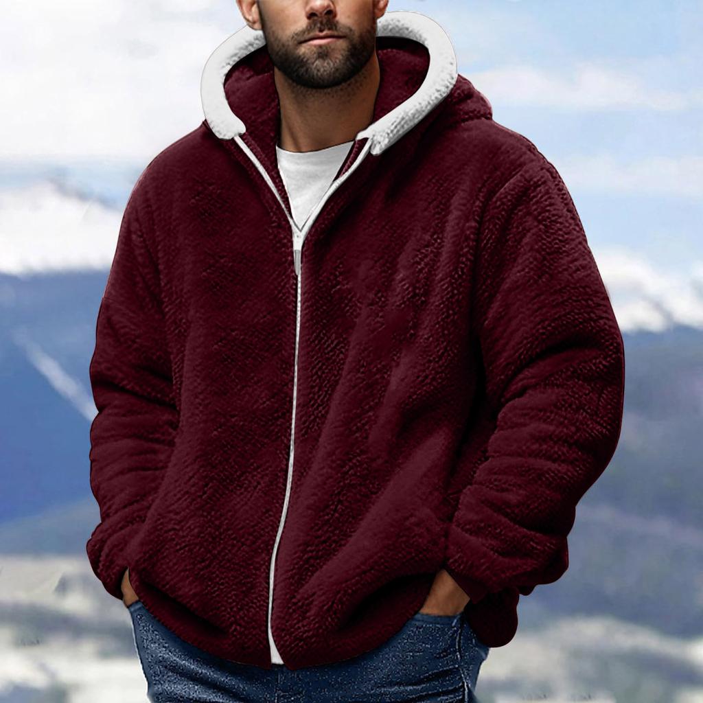 Men's Fashion Solid Color Patchwork Sweatshirt Loose Double-sided Velvet Warm Jacket Zipper Outerwear
