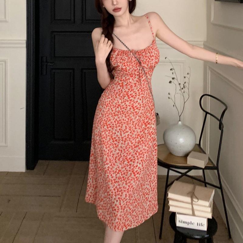 Женское платье с цветочным принтом и шнуровкой на подтяжках - красное, тонкая талия, средняя длина, новый летний пляжный стиль для отдыха