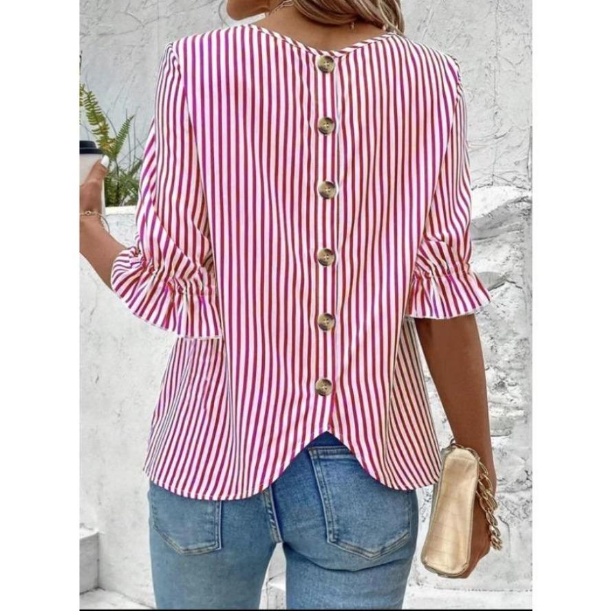 YYFS Женская мода повседневная летняя весна полосатый принт 1/2 рукава О-образный вырез блузки и рубашки