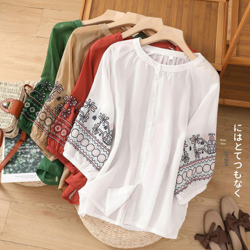 Женская рубашка в стиле ретро из хлопка и льна с вышитыми рукавами-фонариками (Весна/Лето 2024)