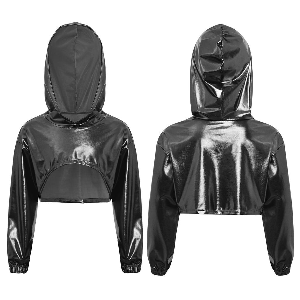 Худи для девочек в уличном стиле для танцев: Блестящий металлический укороченный топ с асимметричным подолом и длинными рукавами для соревнований