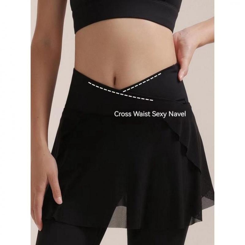 Поддельные двухсекционные суперэластичные сетчатые юбки для йоги, брюки с высокой талией, закрывающие бедра, танцевальные брюки для фитнеса