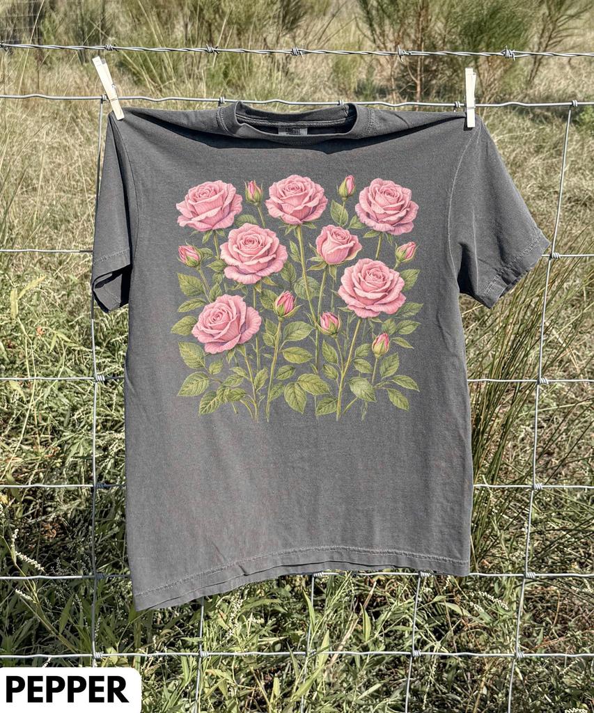 Vintage Pink Rose T-Shirt,Gilrs Flower Shirt,Garden Flower Shirt,Botanical Floral Tee,April Birth Flower Shirt,Wildflower Meadow Top