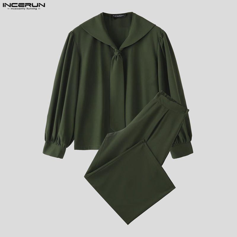 INCERUN Мужские костюмы оверсайз с морским воротником, рубашки с длинным рукавом, длинные брюки, повседневные двойки